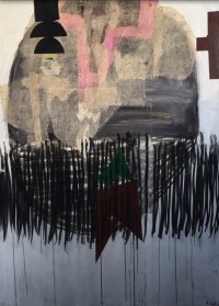 LARGE PAINTING DAMAGA CONTROL BY ARTIST TRINE LUND ARREPRESENTED BY OOV GALLERY